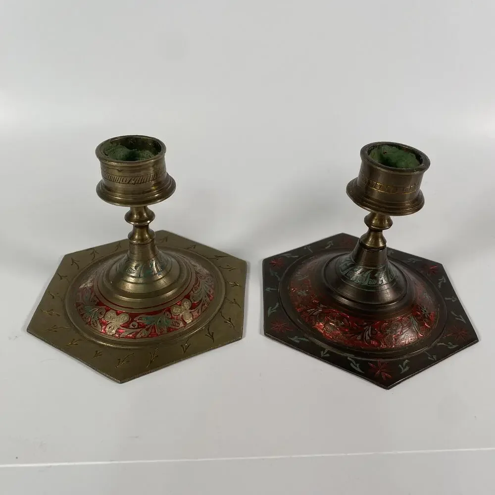 Vintage Indian Enamel Metal Candlestick Pair Hexagon Multicolor Tabletop Decor